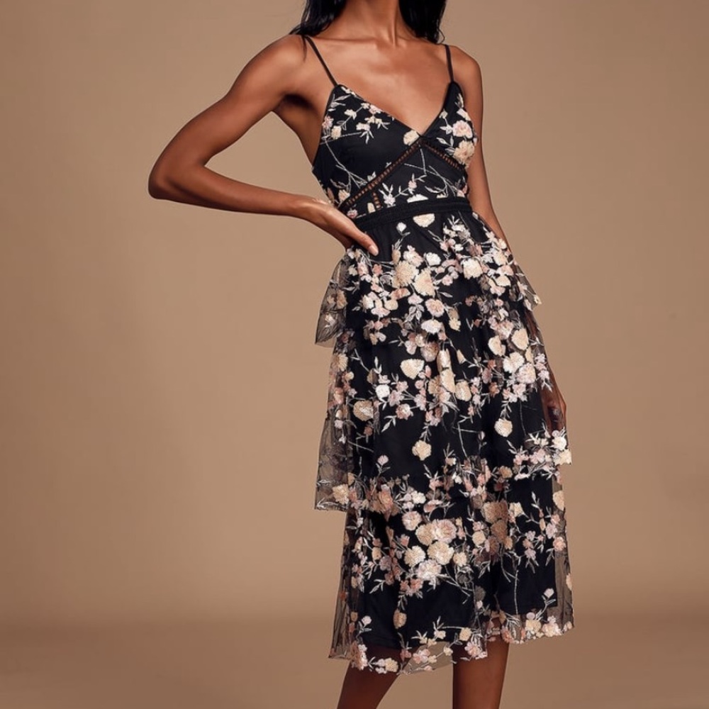 NWT Lulus Black Tiered Sequin Midi Glam Cocktail Dress